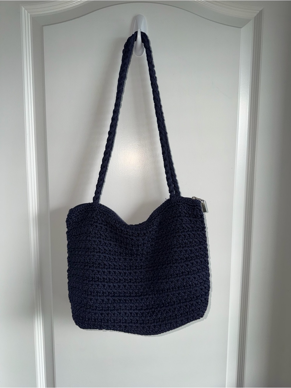 The Sak Navy Crochet Shoulder Bag Boho Knit Hobo Purse Zip Top Handbag